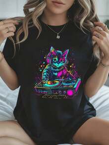 Men's Pure Cotton T-Shirt With Cat Graphic Design, DJ Techno EDM Rave Style, For Cat Lovers - 黑色 - 查看 8