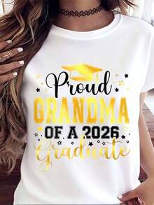 Proud Grandmother Graduation T-Shirt, Graduation Cap And Star Design For Grandmother Celebrating Graduation, 220g Women's T-Shirts - 黑色 - 查看 9