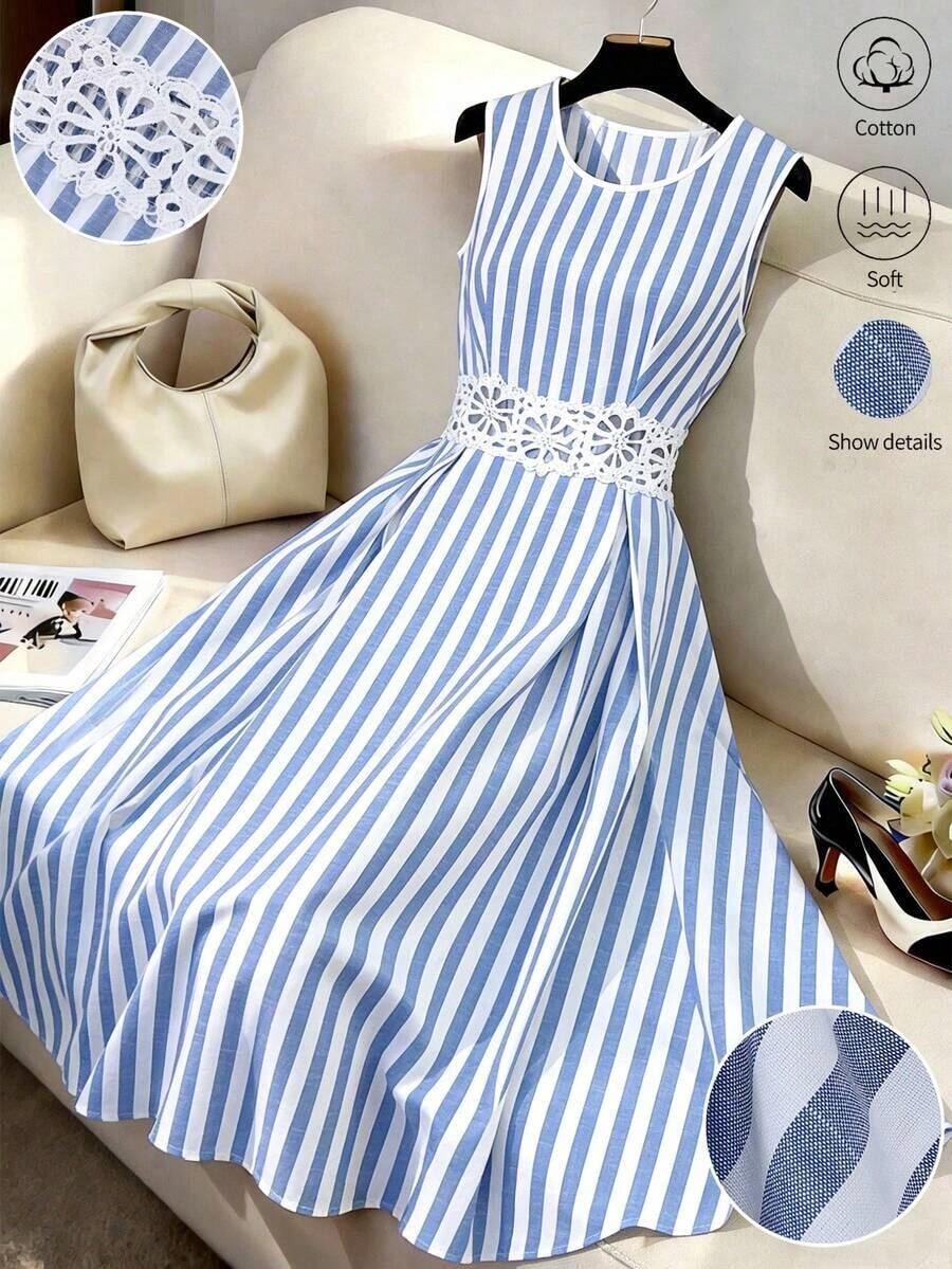 XHEGlowEve Vestido midi de línea A con cintura de parche de rayas azules y blancas de algodón y lino, con recorte de encaje hueco, elegante y encantador para uso diario, vacaciones, citas, moda de calle francesa, retro y versátil para primavera y verano, nuevo diseño sin mangasXHE - Multicolor 2 - Ver 1