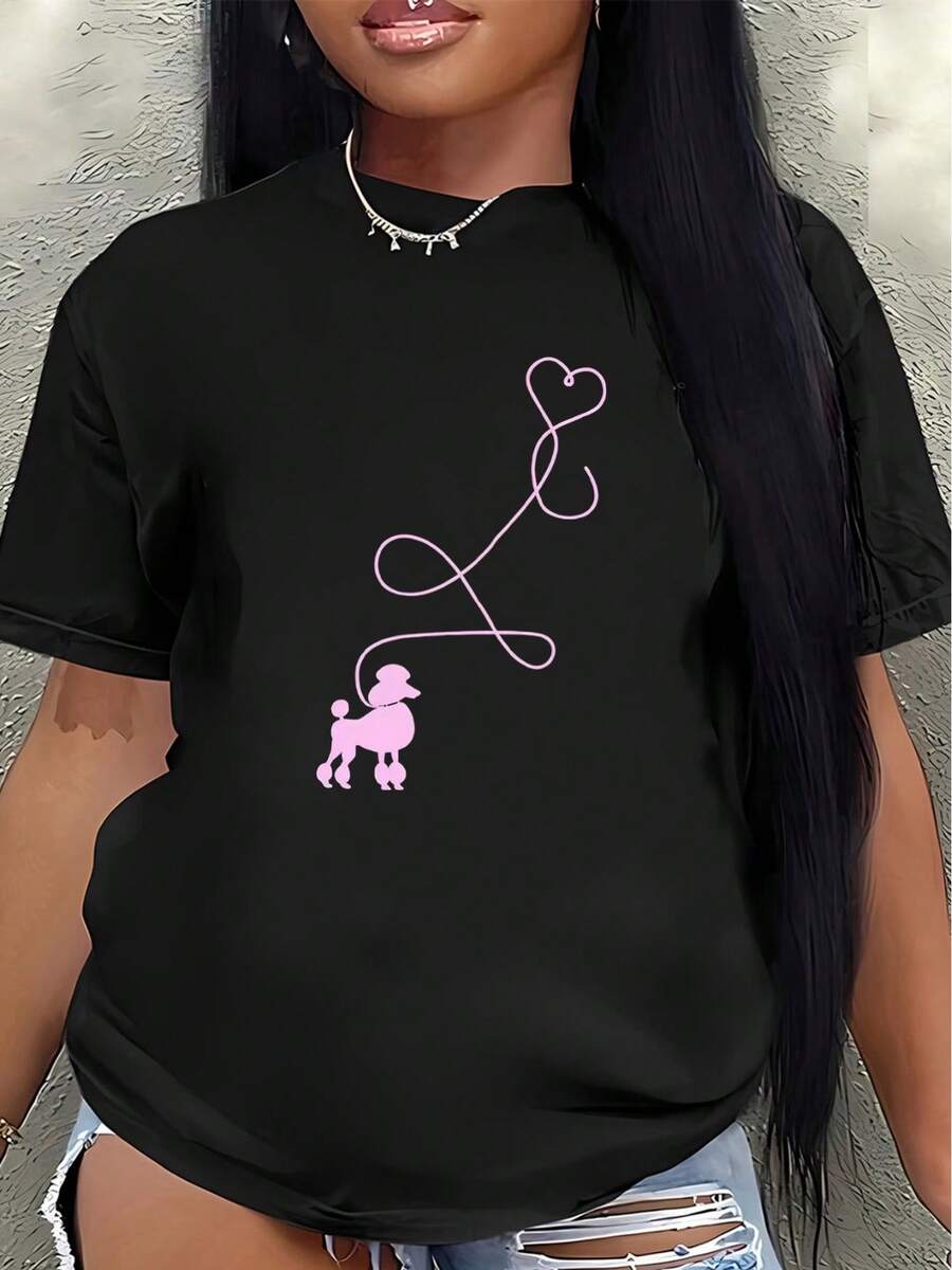 This Lightweight And Durable Short-Sleeved T-Shirt, Featuring A Pink Ferret And Heart Design, Is Perfect For Relaxing At Home, Going To Cafes, Or Enjoying Outdoor Activities, Offering A Comfortable Everyday Wear Experience. Women's Blouses > Clothing - 黑色 - 查看 1