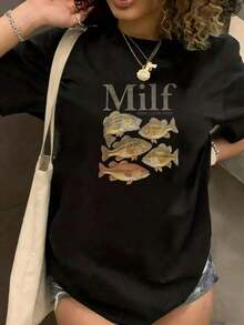 Camiseta Casual Estampada de Manga Corta con Cuello Redondo para Mujer, Camiseta Gráfica "Milf Man I Love Fish" para Mujer, Camiseta Casual de Manga Corta, Camiseta Divertida de Pesca Unisex Blanca con Diseño de Peces, Adecuada para Regalos de Vacaciones, Moda. - Negro - Ver 6
