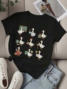 Women's Casual Loose Fit T-Shirt With Graphic Print Of Duck Professor, Scientist, Teacher, Musician, Explorer And Student For Everyday Wear At School And Work - 黑色 - 查看 2