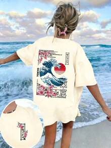 New Casual And Cute Women's T-Shirt, Loose Fit, Round Neck, Short Sleeves. Short-Sleeved T-Shirt With A Round Neck And A Tokyo Island Sunset Wave Print. High-End Urban Wear, Vacation Style, Loose And Comfortable, Versatile Short-Sleeved T-Shirt For Summer - Nude - 查看 5
