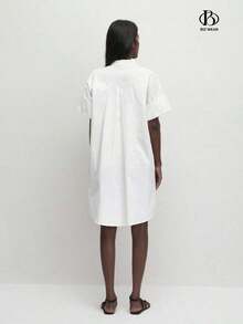 Loose-Fitting Cotton Dress With A Mandarin Collar, Front Buttons, And A Solid Color For Women. Basic Minimalist Style For Everyday Wear, Work, Business Casual, And Office. - Black - View 3