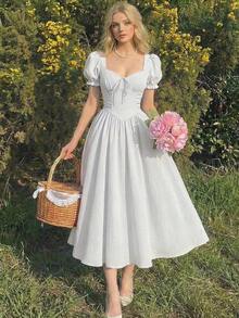 MOD Vestido elegante de longitud media con mangas cortas de pétalos y lazo delantero de unicolor para mujer - Azul - Ver 11