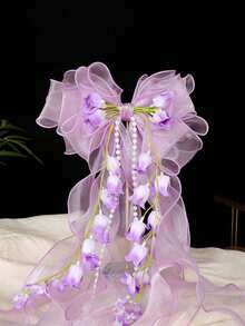 1pc Spring Bowknot Lily Of The Valley Mesh Hair Clip, Romantic Floral Hair Accessory With Long Ribbons, Suitable For Ballet, Hanfu, Daily Wear, Beach Photography (Slight Color Difference May Exist Due To Lighting And Display Conditions) - Multicolor - View 5
