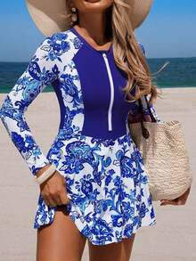 Swim Lushoire Traje de baño de una pieza con estampado de hojas tropicales en patchwork negro, con cierre delantero, conservador para vacaciones, surf y deportes - Multicolor 2 - Ver 5