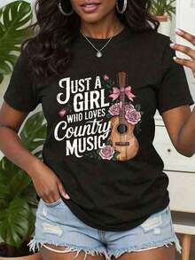 Suave Women Shirt Just A Girl Who Loves Country Music Guitar And Roses Print Round Neck Regular Fit Casual Tee Everyday Wear Idea, blusa casual mujer, blusas para mujer, playeras de mujer algodon - Negro - Ver 1