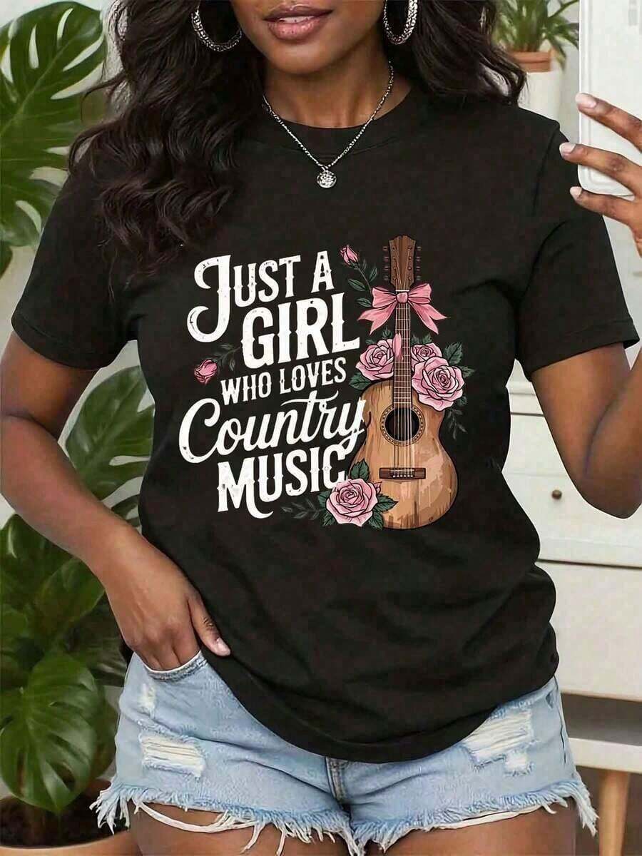 Suave Women Shirt Just A Girl Who Loves Country Music Guitar And Roses Print Round Neck Regular Fit Casual Tee Everyday Wear Idea, blusa casual mujer, blusas para mujer, playeras de mujer algodon - Negro - Ver 1