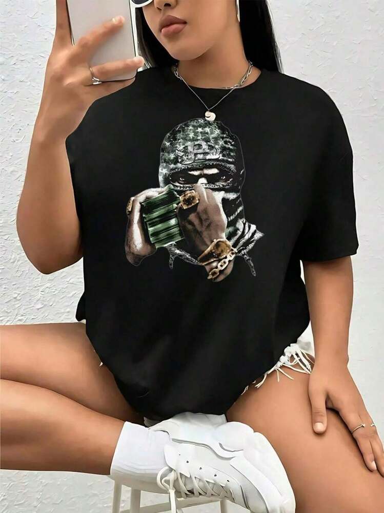 2026 Camisas de Mujer con Estampado de Mano Sosteniendo un Bulto de Billetes, Blusas Transpirables para Mujer Casual - Negro - Añade 1