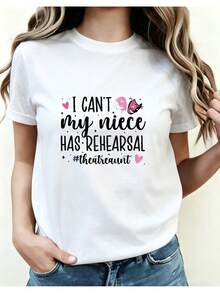 Women's Printed T-Shirt - Casual Short Sleeve Crew Neck White T-Shirt With Black Cursive Text And Pink Hearts. Relaxed Fit For All Seasons, Perfect For Everyday Wear Or Holiday Outfits (Machine Washable). - 白色 - 查看 7