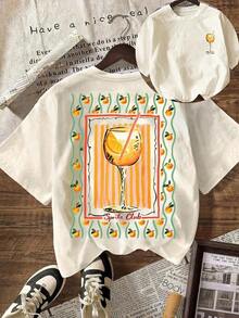 Camiseta Casual de Verano para Mujer con Estampado de Frutas y Patrón de Club de Bebidas, Cuello Redondo, Manga Corta, para Vacaciones de Verano - Albaricoque - Ver 7