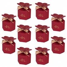 10Pcs Petal Shaped Wedding Candy Boxes Hexagonal Floral Gold Stamping Paper Gift Boxes With Ribbon Just For You Printed Party Favor Boxes For Wedding, Bridal Shower Birthday Valentine's Day Decoration - Petal Box - View 17