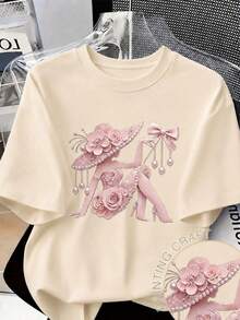 Camiseta casual estampada para mujer, de manga corta y cuello redondo, moda urbana local para primavera/verano. - Caqui - Ver 11