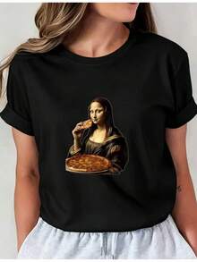Camiseta Deportiva Casual para Mujer con Ilustración de la Mona Lisa comiendo Pizza - Camiseta Negra Elástica de Cuello Redondo, Lavable aáquina, Ajuste Cómodo y Apta para Todas las Estaciones, para un Look Divertido y. - Negro - Ver 6