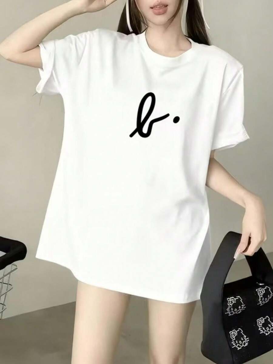 Casual Crew Neck T-Shirt, Plus Size Women's T-Shirt, Printed T-Shirt For Women, Printed With A Stylish Hand-Lettered Monogram Of The Letter "L" - Fun Print, Machine Washable, Casual And Versatile, Loose And Comfortable, A Perfect Gift For A Good Friend. - 白色 - 查看 1