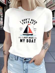 Women's T-Shirt With The Phrase "I Don't Need Therapy, I Just Need My Boat", Red And Black Sailboat, Blue Waves And Black Letters, Casual Nautical Design - 白色 - 查看 8