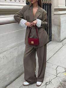 2pcs Set Solid Color Double Buckle Waist Belt & Suit Set, Fashionable For Daily Wear, Dates, Office, Spring Autumn - Khaki - View 4