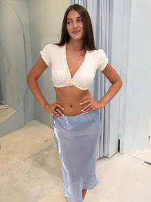 Women's White Cropped Knit Top, Deep V-Neck Design With Ruffle Trim, Short Sleeve, Casual & Fashionable - White - View 4