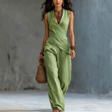 Conjunto Casual de Oficina Estilo Europeo Americano 2026, Top Cruzado Cuello V y Pantalones Simples para Mujer - Verde claro - Ver 2