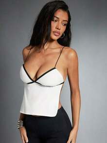 Top corto de camisola con espalda descubierta y detalle de contraste en el frente con lazo para mujer, ideal para vacaciones - Blanco - Ver 5