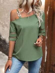 Camisa asimétrica de cuello transparente con contraste de malla - Verde - Ver 4