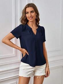 Blusa casual de mujer de unicolor con cuello en V y manga corta - Azul marino - Ver 4