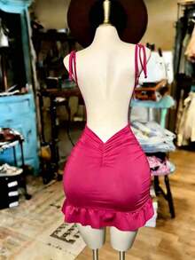 Vestido corto de mujer marrón con espalda calada - Rosa Fucsia - Ver 5