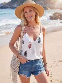 Top de tirantes casual con estampado de plantas para mujer, top de verano para vacaciones, top de verano para mujer, top tipo camiseta de verano casual, top tropical de verano, top casual de verano para mujer, top tipo camiseta de verano para mujer, - Blanco - Ver 4