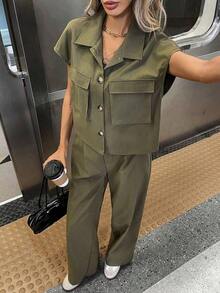 Conjunto casual de 2 piezas de camisa y pantalón de unicolor para mujer, para verano - Verde - Ver 3