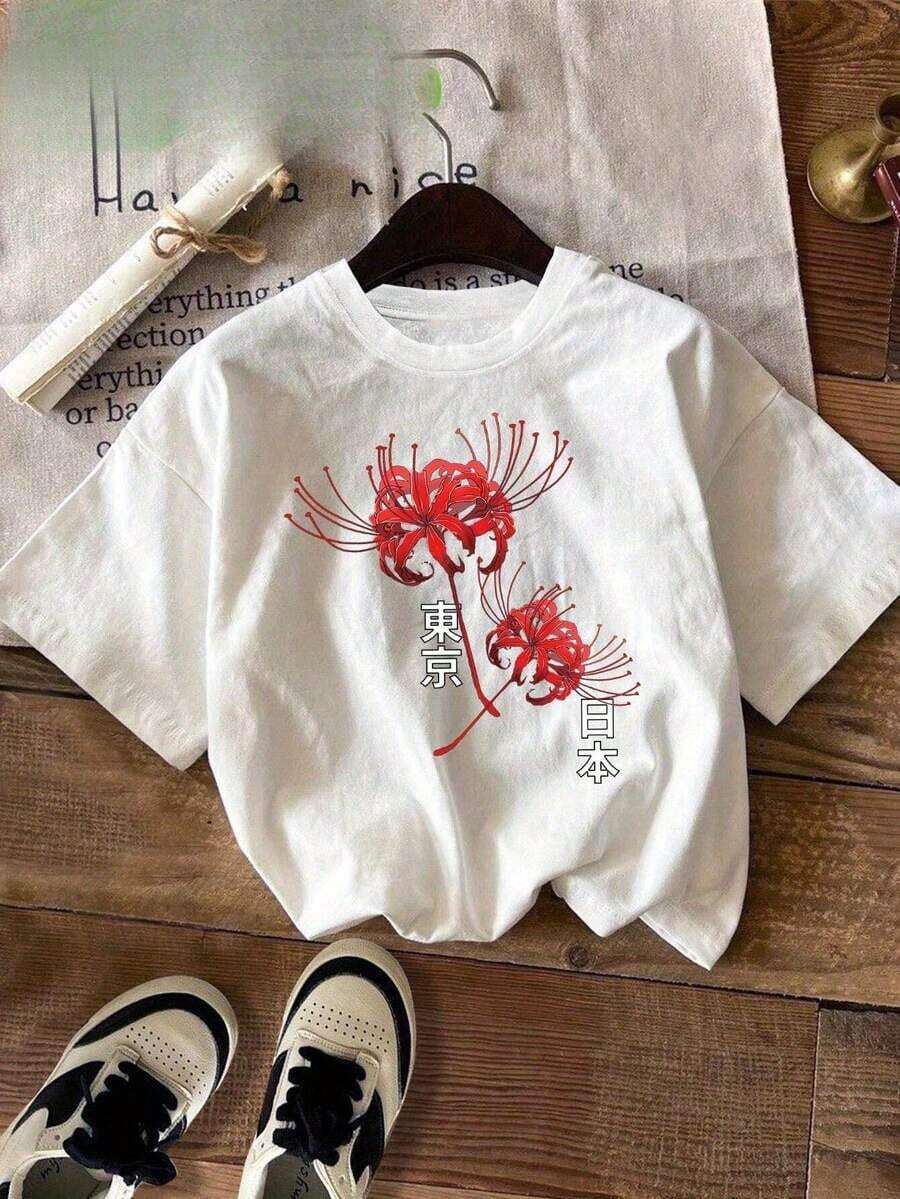 Women's T-Shirt With Japanese Red Spider Lily Design - White Blouse With Bold Red Flowers, Soft Round Neck For Anime And Japanese Fashion Fans - Casual All Seasons Clothing, Spring Outfit, Artistic Design, Comfortable Fit, Short Sleeve Blouse, Streetwear Style - 白色的 - 查看 1