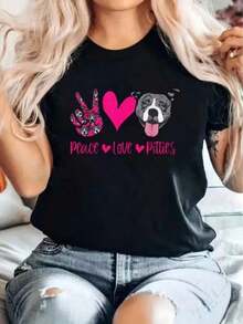 Women's Casual T-Shirt, Short-Sleeved Sports Top For Everyday Wear, Printed With Peace, Love, Heart And Dog Motifs, Suitable For Vacation Wear. - 黑色 - 查看 7