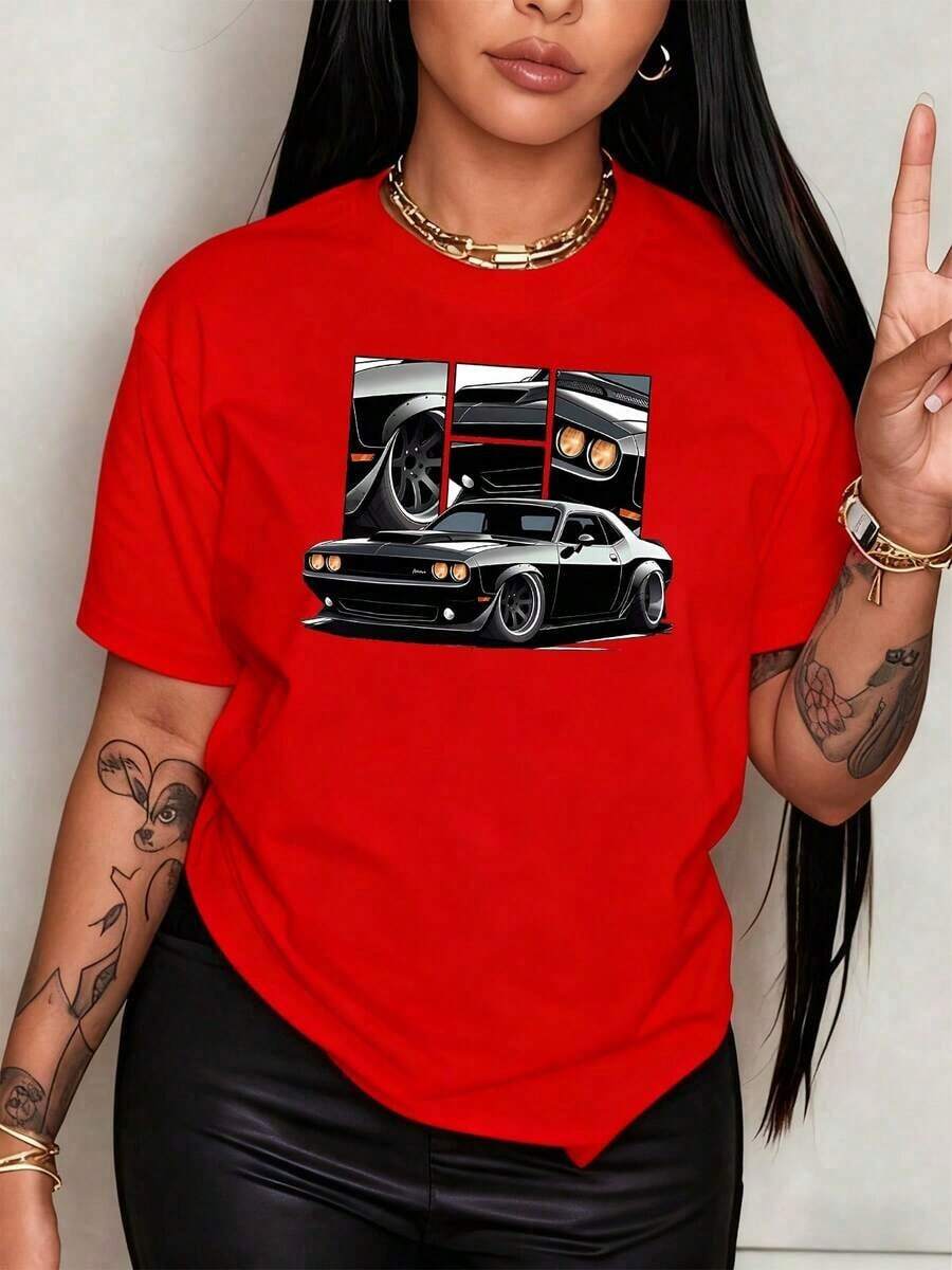 100% Cotton. Stunning Classic American Sports Car With Futuristic Details On A 100% Cotton Women's T-Shirt That Evokes Speed, Power, And Pure Adrenaline. Women's T-Shirt. Simple Solid Color, Loose And Fitted Cut, Casual Short Sleeve. - 紅色的 - 查看 1