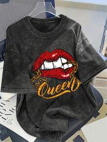 1 Women's Short Sleeve T-Shirt, Pure Cotton, Vintage Wash, Creative And Exquisite Design Of Red Lips And Chains, Fashionable Queen, Suitable For Daily Wear, Soft To The Touch Fabric, A Beautiful Gift For Summer. - 黑色 - 查看 7