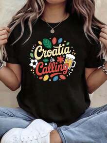 Camiseta de manga corta informal de peso pesado, holgada, con el tema "Croacia te está llamando" de Wo's Croatia Call, decorada con estampados de fútbol, cerveza y lemas de hojas, ideal para vacaciones activas, viajes y festivales. Éxito de . - Negro - Ver 1
