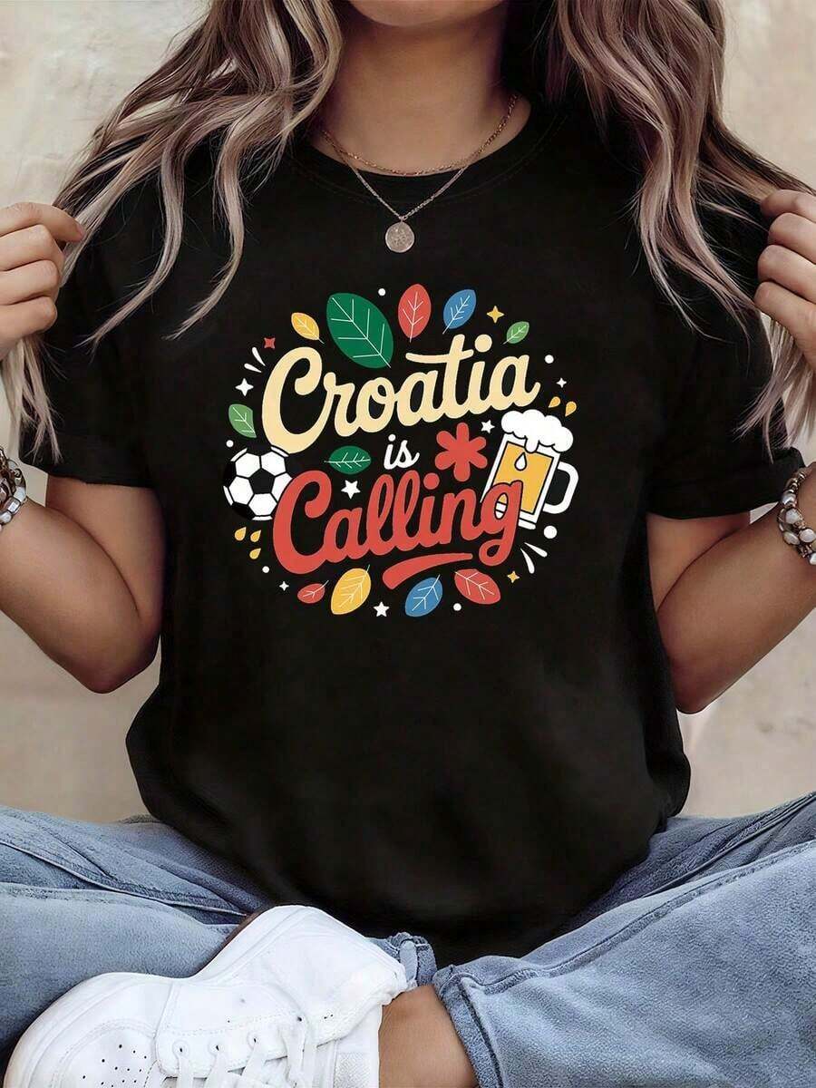 Camiseta de manga corta informal de peso pesado, holgada, con el tema "Croacia te está llamando" de Wo's Croatia Call, decorada con estampados de fútbol, cerveza y lemas de hojas, ideal para vacaciones activas, viajes y festivales. Éxito de . - Negro - Ver 1