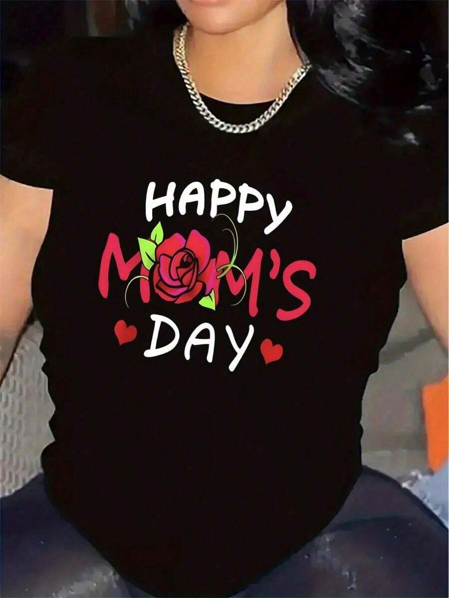 Women's Printed T-Shirt With A Mother's Day Theme, Made Of Polyester, Ideal For Wearing At Home Or In The Living Room. The Fabric Is Durable And Comfortable, Making It A Perfect Gift For Mothers. Fashionable Rose Print Design, Lightweight And Breathable, Suitable For Casual Everyday Wear. Casual Crew Neck For Daily Wear. Summer T-Shirt. - 黑色 - 查看 1