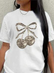 Camiseta de manga corta de poliéster, con estampado de leopardo y diseño de lazo de cereza, ligera y duradera, adecuada para uso casual en casa o en restaurantes, cómoda y ajustada para el uso diario.blusas para mujer>ropa - Blanco - Ver 7