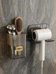 2er Set Badezimmer Aufbewahrungsregal - Bohrloser Haartrockner Halter, Rasierer Aufbewahrungsregal, Wandmontiertes platzsparendes PET Material Badezimmer Haartrockner Regal, mit Kleberückseite Installation (kein Bohren erforderlich) -- Geeignet für Heim- und Salongebrauch, schnell nasses Haar nach dem Duschen trocknen - Übersicht 4