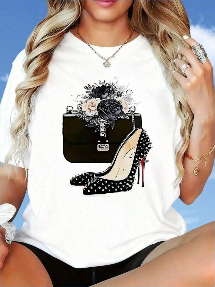 Camiseta blanca de moda para mujer con estampado de bolso elegante y zapatos de tacón alto, top casual para uso diario.Camiseta de cuello redondo para damas, adecuada para;Día de San Valentín, Hogar, Caminatas, Deportes, Fiestas Navideñas, Reuniones, Regalos Navideños Preferidos, 200g, blusa casual mujer, playeras de mujer algodón - Blanco - Ver 1