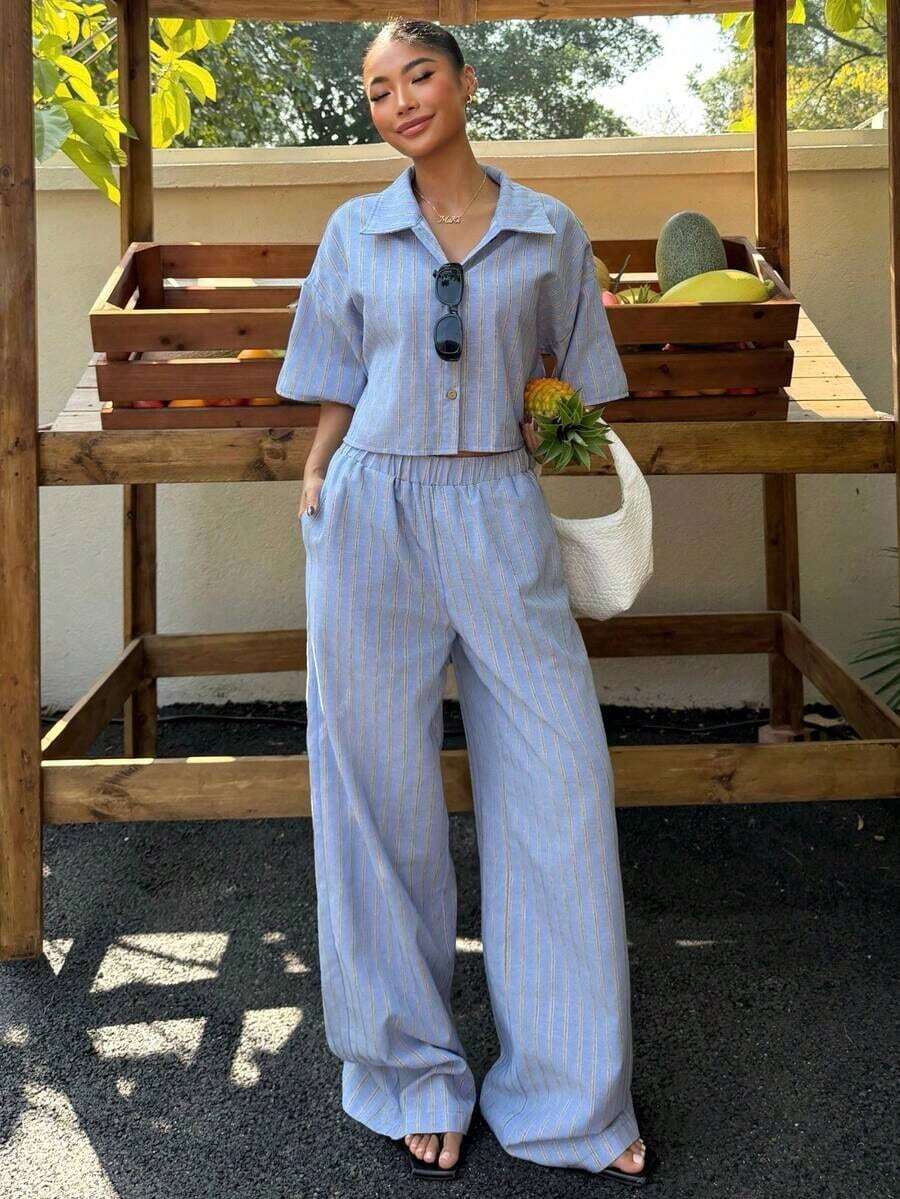 Conjunto de camisa y pantalones a rayas de estilo casual y vacacional para mujer - Azul - Ver 1