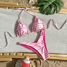 Women's Cute Tie-Neck Striped Bikini Set, Medium Stretch Beach Swimwear Vacation Summer - Multicolor - View 2