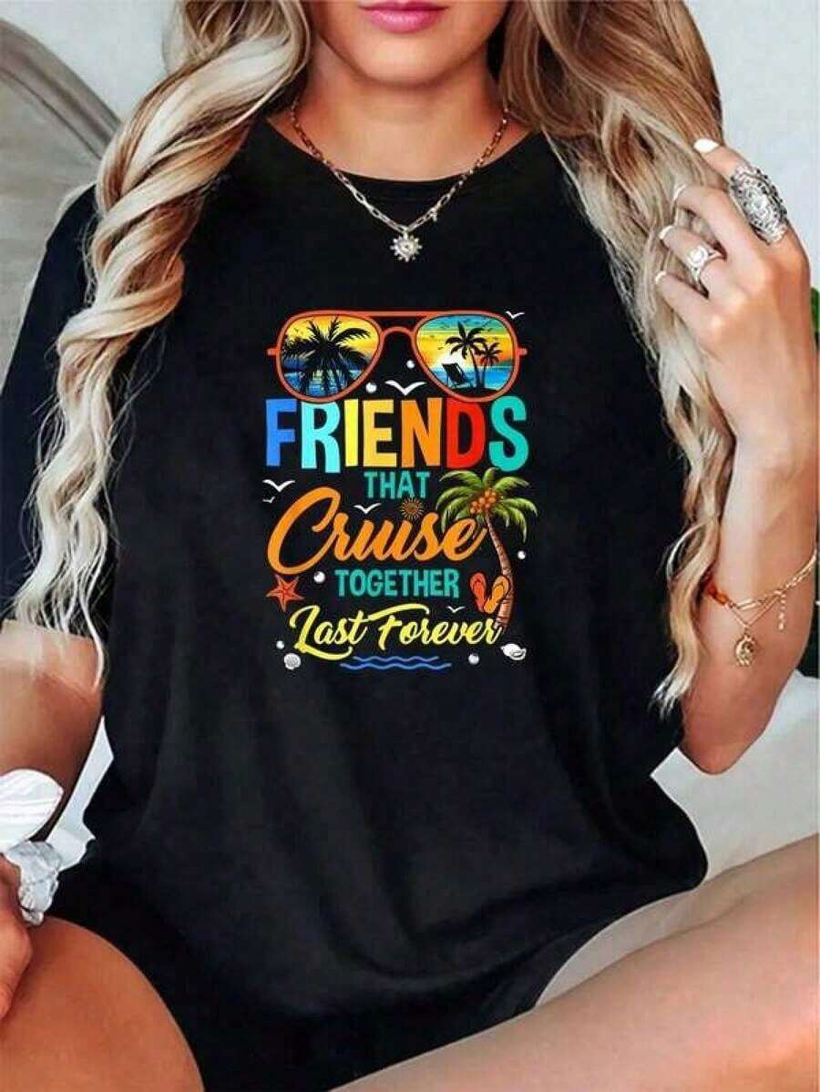 100% Algodón Unisex 1 pieza - Camiseta "Amigos que viajan juntos, perduran para siempre" para vacaciones y cruceros - Camisetas de verano, ropa de oficina para mujer, ropa de vacaciones para mujer 230g.Material de algodón tejido de color sólido, tela de algodón puro gruesa y suave, característica estable y no deformable, tela versátil para uso diario, ideal para camisetas básicas de uso diario, ropa casual para exteriores y para el ocio diario. - Negro - Ver 1