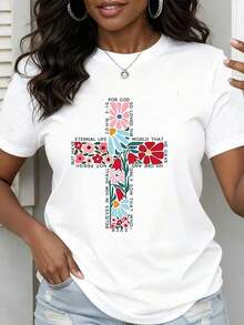 Camiseta de Moda para Mujer con Diseño Floral, Cruz y Versículo Bíblico Juan 316, Diseño de Fe Cristiana, Top Casual de Verano para Iglesia y Uso Diarioblusa casual mujer - Blanco - Ver 2