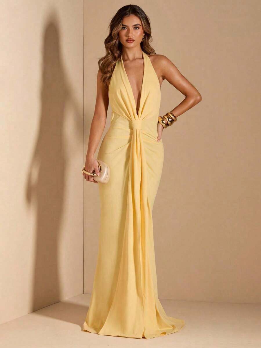 Vestido maxi elegante con cuello en V profundo, fluido, con lazo en la espalda y drapeado, color amarillo, para primavera/verano - Amarillo - Ver 1