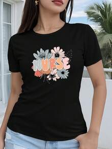 Women's T-Shirt 100% Cotton, Short Sleeve, Regular Fit - Vibrant Design With Floral Nurse Print And 2D Geometric Drawing, Casual And Fun Style, Round Neck, Available In Multiple Colors And Sizes For All Seasons, Festive Fashion, Retro Aesthetic, Breathable Material, Fun. - 黑色 - 查看 12