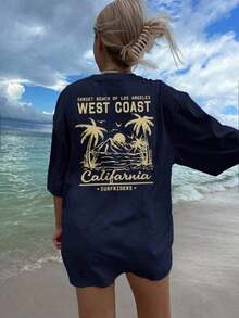 Women's Short-Sleeved T-Shirt With A Round Neck, Casual, Minimalist, And Versatile Style, Featuring A Palm Tree Print And Slogan, Suitable For Everyday Wear. Printed T-Shirt, Vacation. Summer - 海軍 - 查看 8