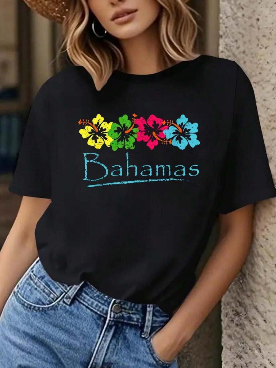 Women's Casual T-Shirt With Colorful Palm Tree And Bahamas Design - Short Sleeve Round Neck T-Shirt Ideal For Spring And Summer, Made Of Lightweight And Breathable Material, Perfect For Beach Outings Or Vacations. - 黑色 - 查看 1