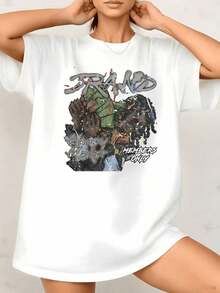 Women's Casual T-Shirt With "Money Maker" Graphic Print, Raw Art Style, 100% Cotton, Crew Neck, Loose Fit, 1 Piece. Excellent Gifts For Friends And Family, Basic T-Shirt For Everyday Wear. - 白色 - 查看 7