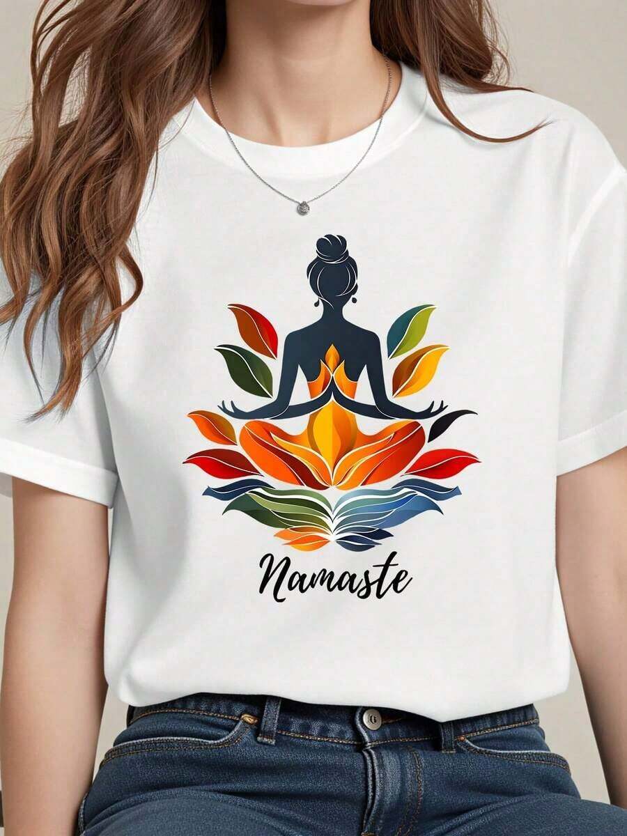 Nueva Camiseta de Moda para Mujer con Cuello Redondo, Estampado de Silueta de Yoga, Corte Holgado Casual, Manga Corta, con Texto Namaste y Diseño Floral Colorido para Práctica de Meditación y Uso Diario, 220g, Diseño Versátil Listo para el Verano. - Blanco - Ver 1